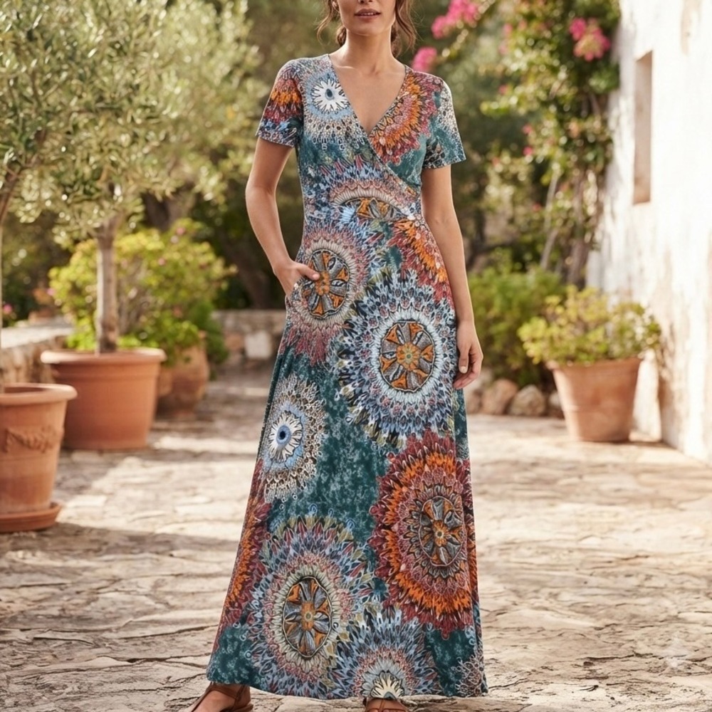 Boho Mandala Print Wrap V-Neck Maxi Dress Teal Orange Short Sleeve Medium